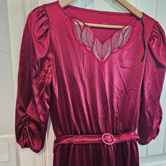 Vintage 80s Dress Womens Large Burgundy Silky Lace Glam Rock Party Retro - Picture 3 of 11